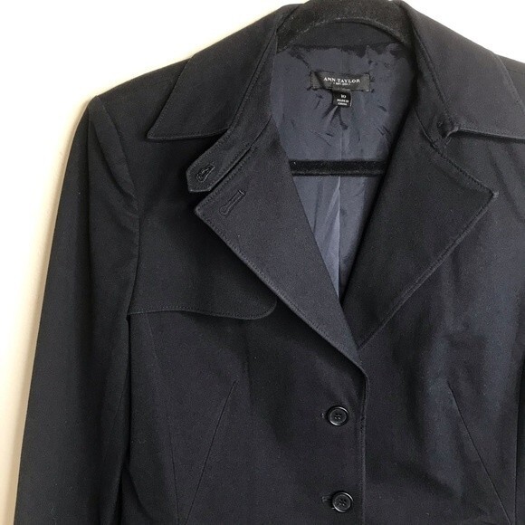 Ann Taylor Black Blazer Jacket Storm Flap Back Pleat Button Vent Women's Size 10 - Picture 2 of 15